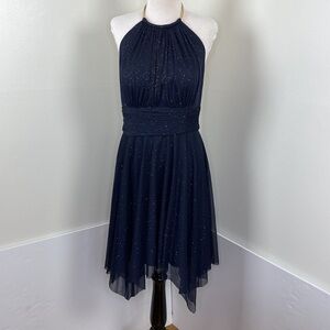 Navy Blue Halter Neckline Sparkly Evening Dress With Ruched Waistband size 13